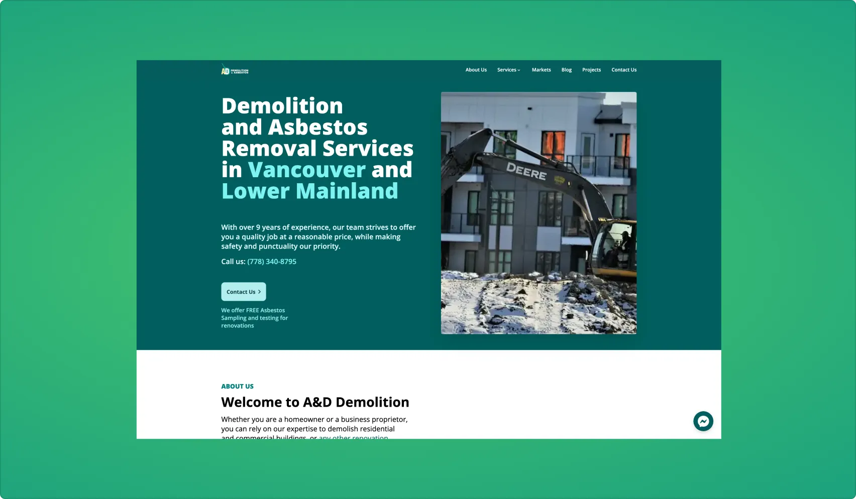 Screenshot of A&D Demolition's homepage.