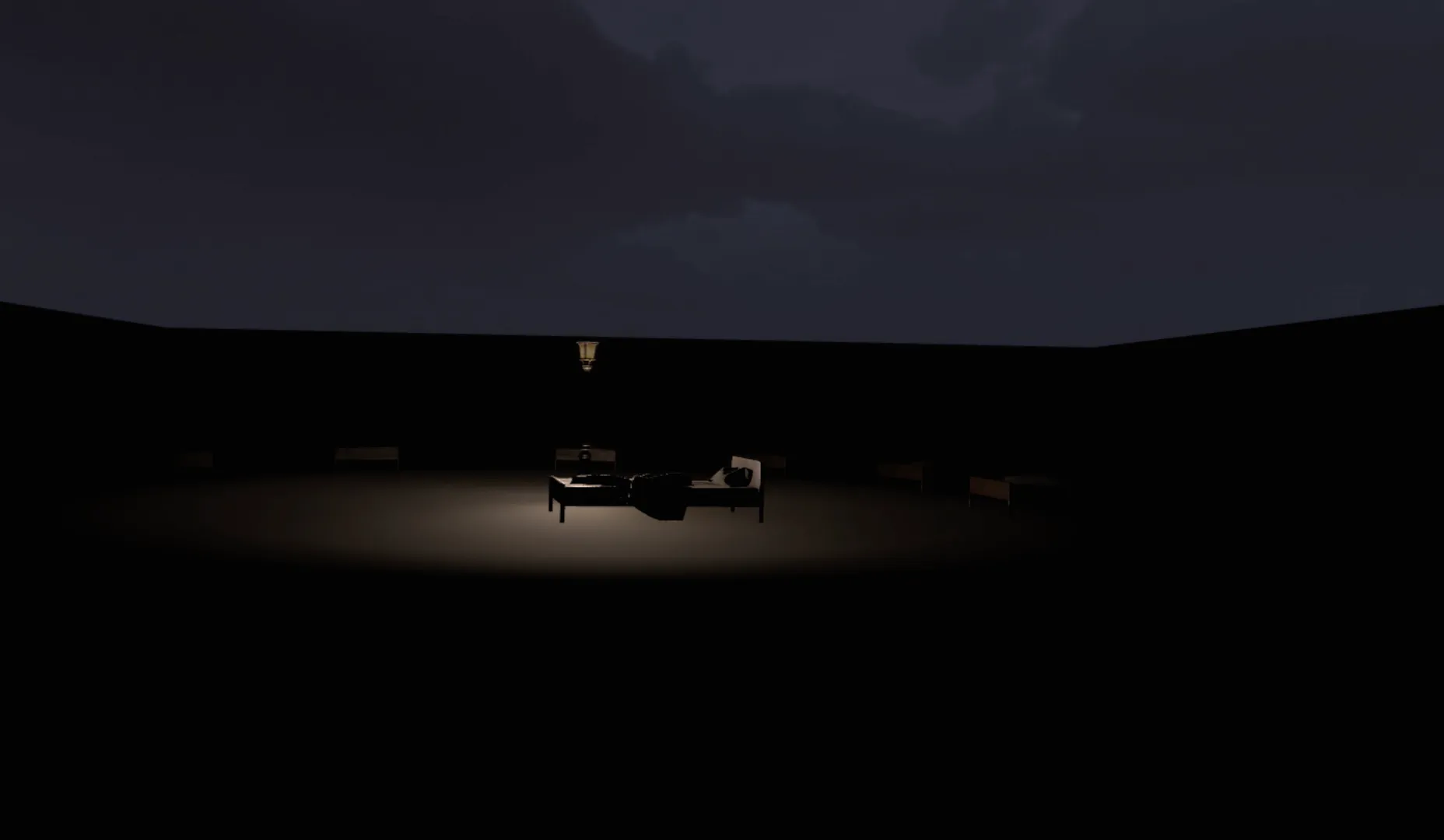 Screenshot of the last level of the experience, where a bed is placed in an open space with a lamp near it.