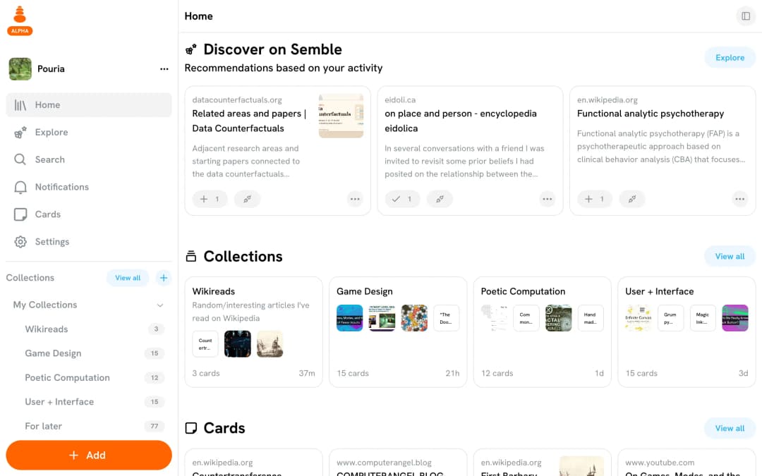 Screenshot of Semble app